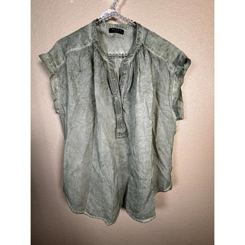 Maven West women’s distressed silky wash 100% Cupro Sz M‎ Green shirt cap sleeve